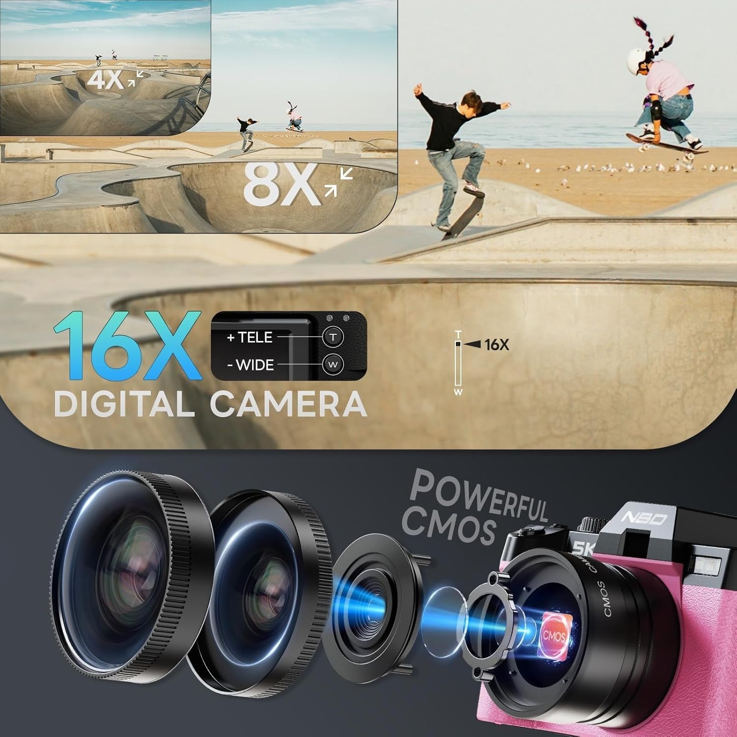 5K 64MP Vlogging Camera WiFi Flip Screen 16X Zoom Pink Kit