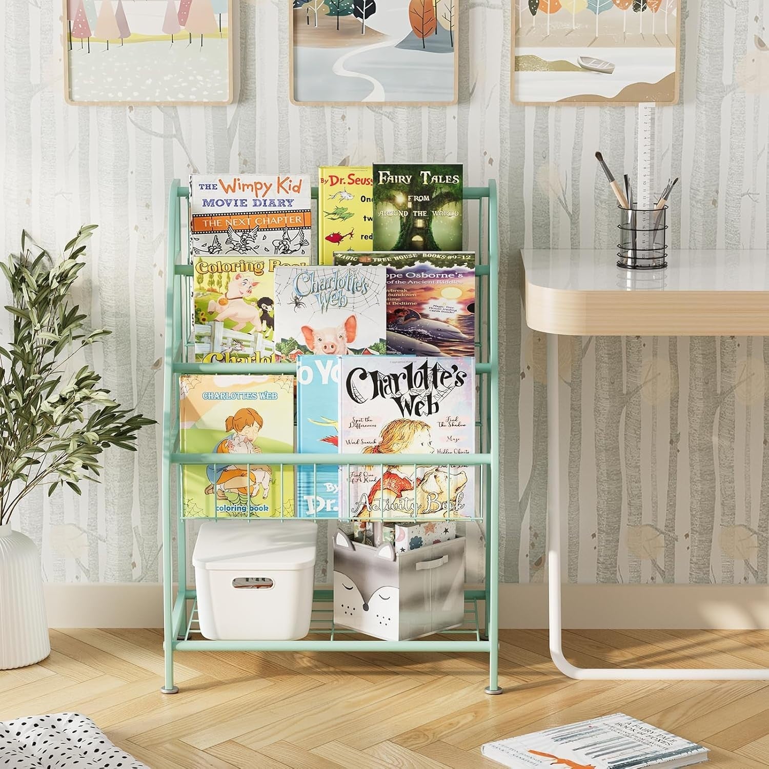 Kids Leaning Bookshelf & Toy Organizer Rack – Durable Metal, Space Saving