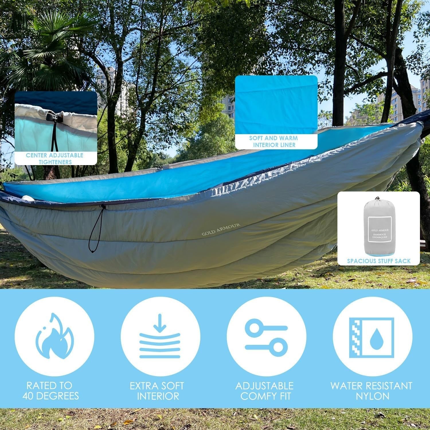 Ultra-Light Camping Hammock 500lb Capacity w Tree Straps Blue,gold,grey