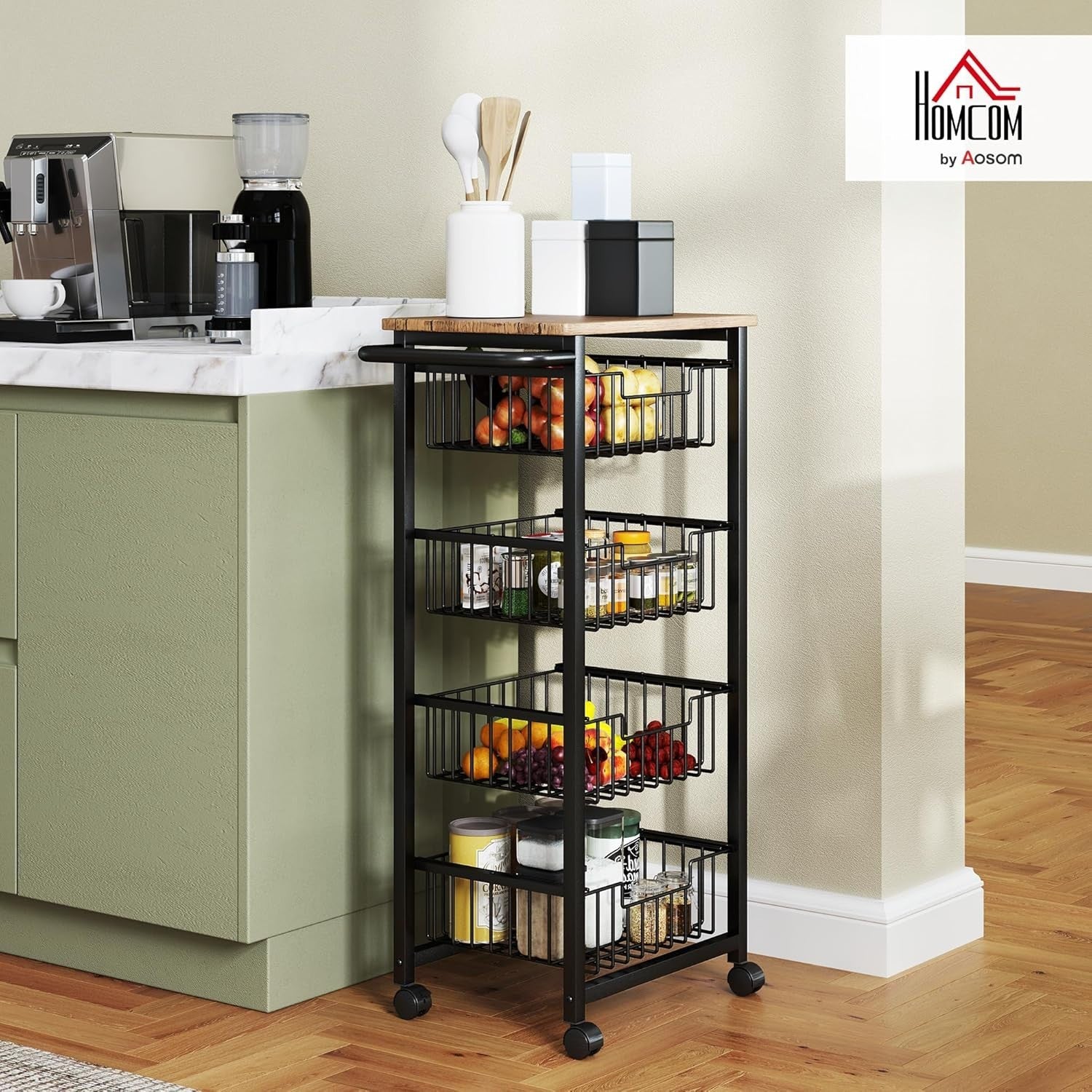 4 Tier Rolling Kitchen Storage Trolley Cart Mesh Baskets Oak