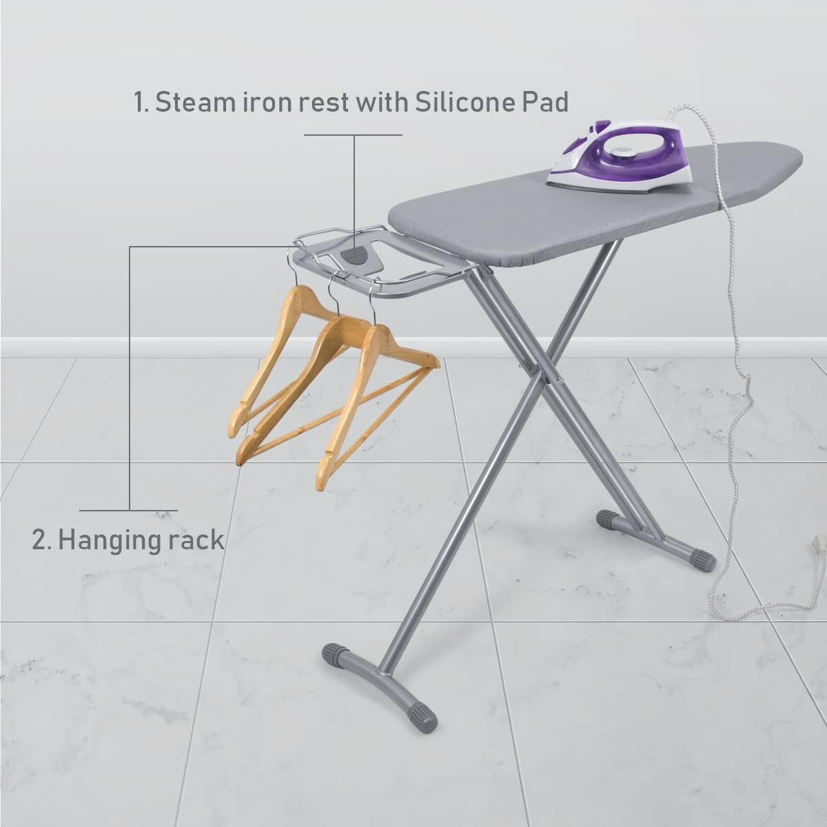 Medium Folding Ironing Board Adjustable Height Heat Resistant Silver
