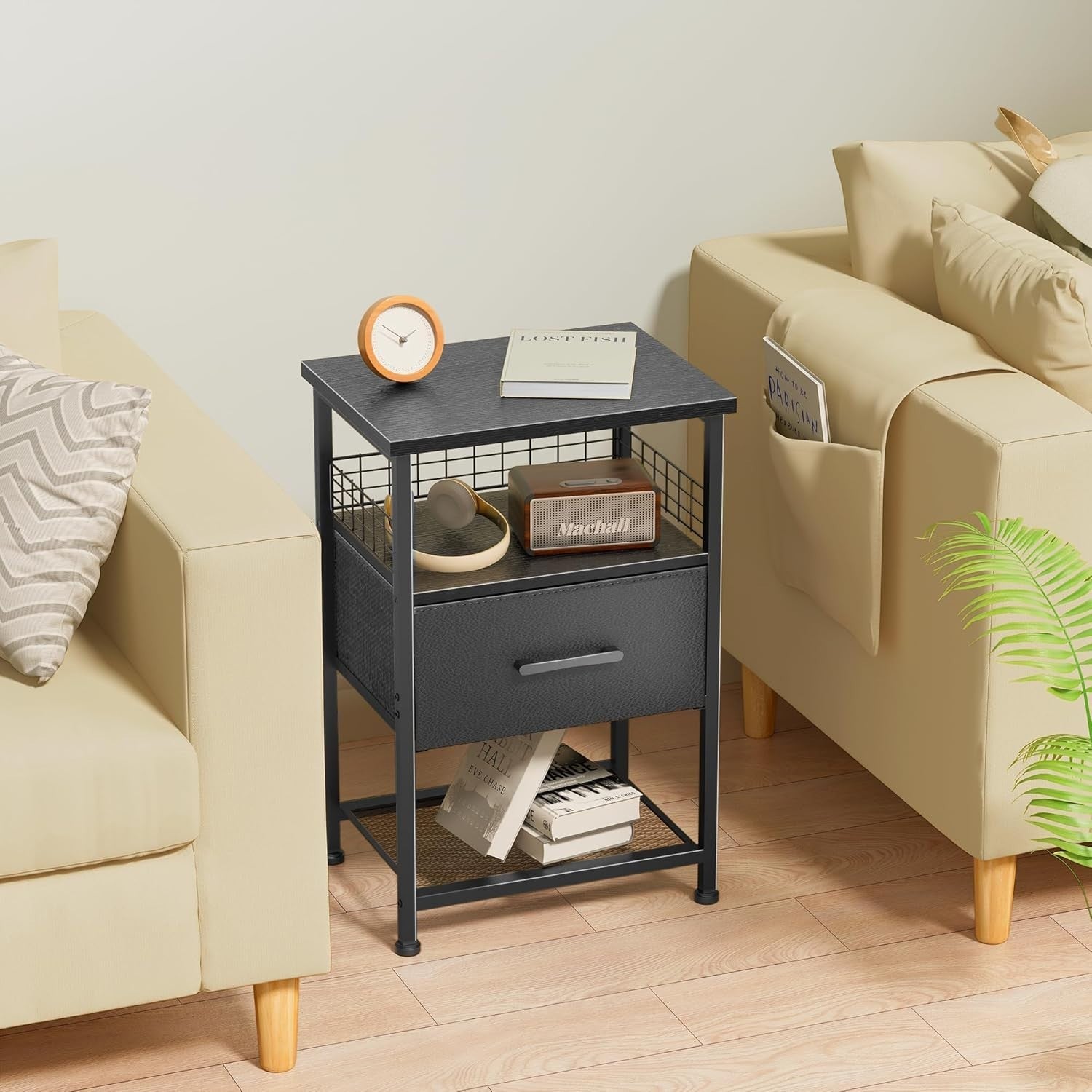 Set of 2 Modern Black Bedside Tables with Drawers & Shelves – 3-Tier Nightstands