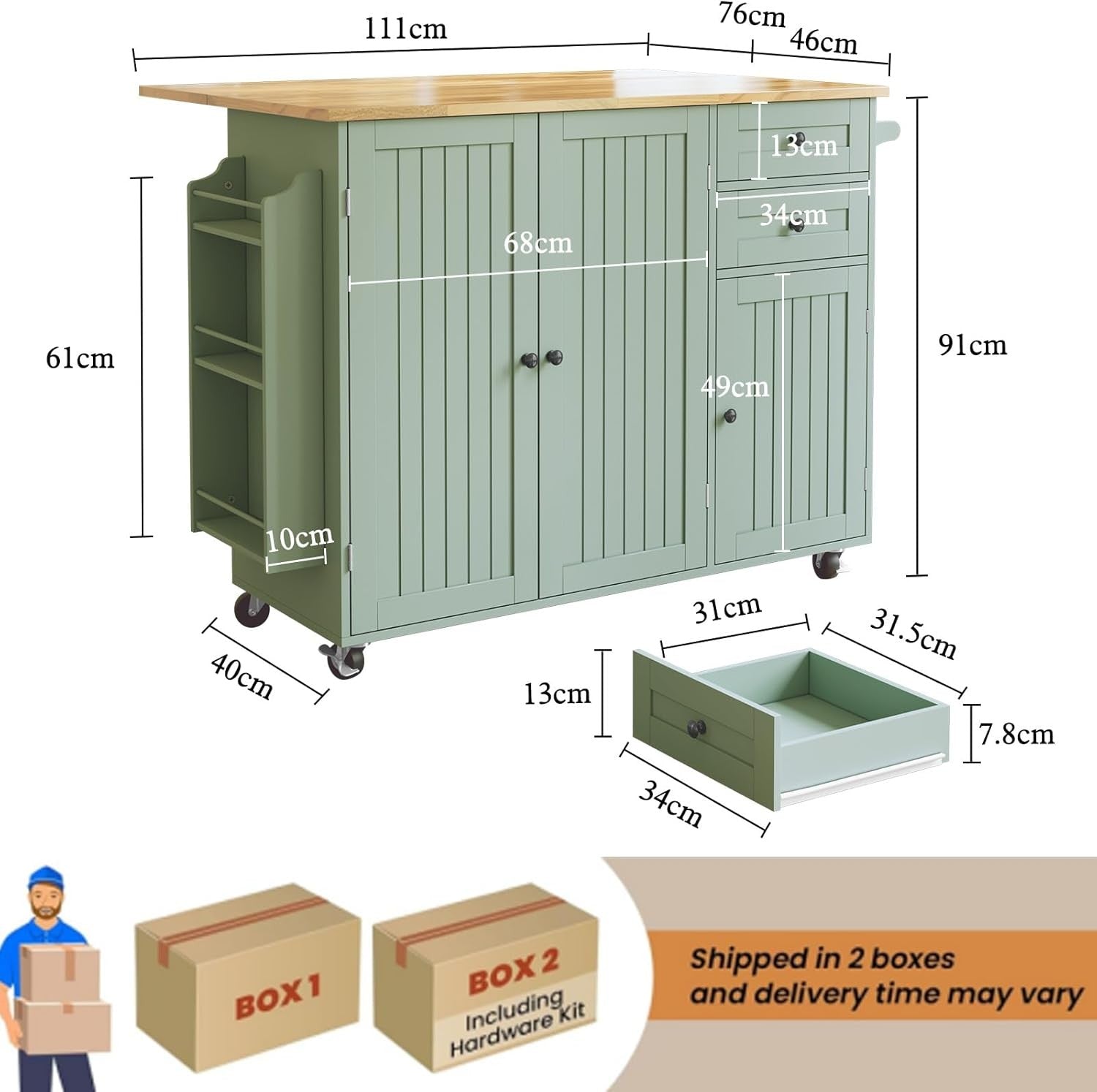 Large Kitchen Island on Wheels Rolling Storage Trolley Extendable Worktop Green