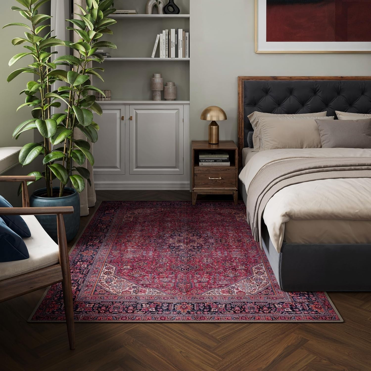 Washable Rug 152x213cm Non-Slip Vintage Red Carpet Soft Large Living Room Mat
