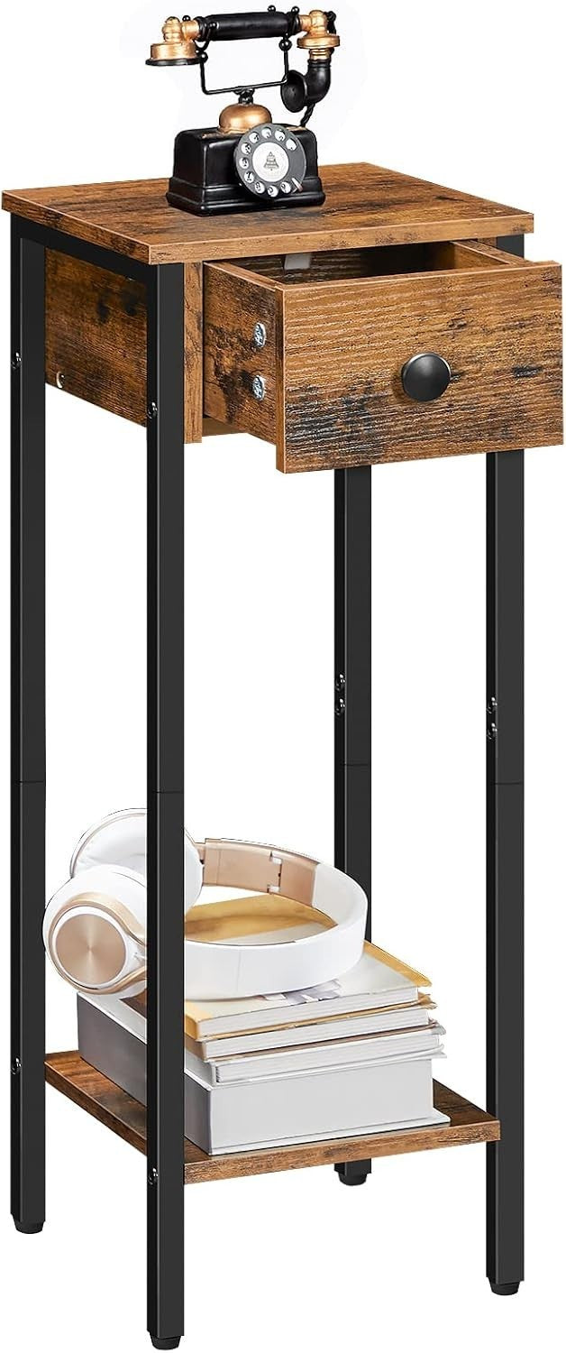 Slim Bedside Table with Drawer Small Narrow Nightstand 25x25x70cm Rustic