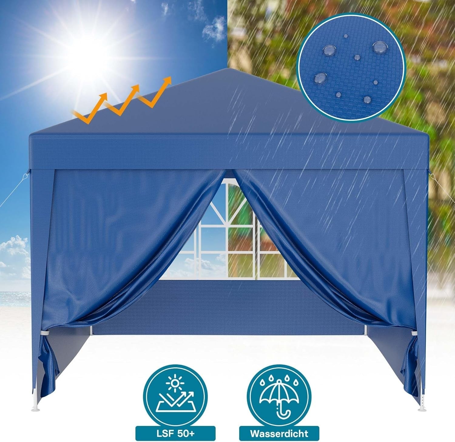 3x3m Blue Pavilion Gazebo Party Tent Removable Sides UV50+ Garden Outdoor