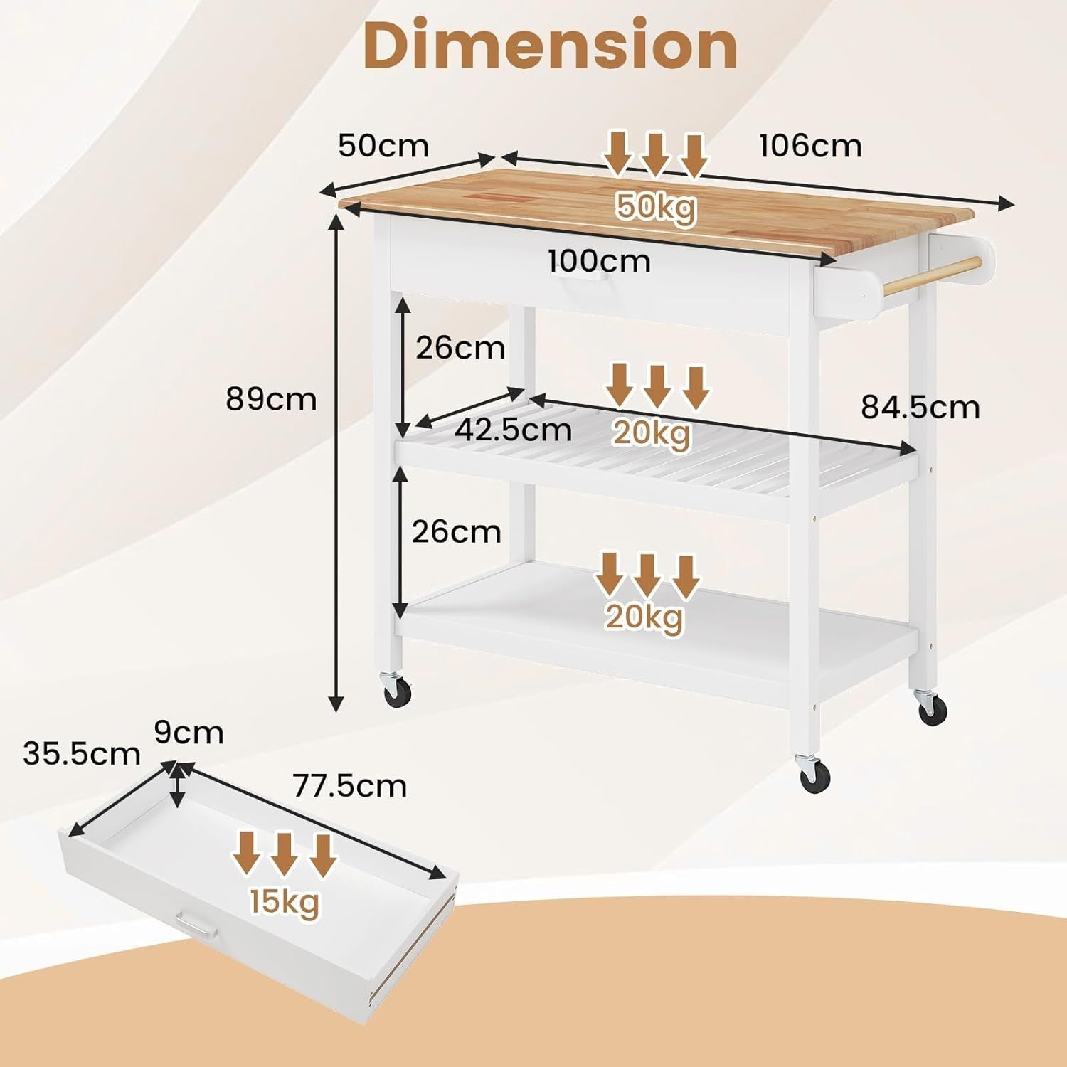 106cm Kitchen Island Cart Rubber Wood Top
