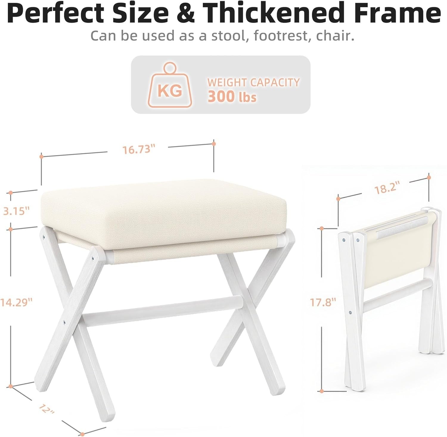 White Bamboo Foldable Footstool with Thick Cushion & X-Leg Design