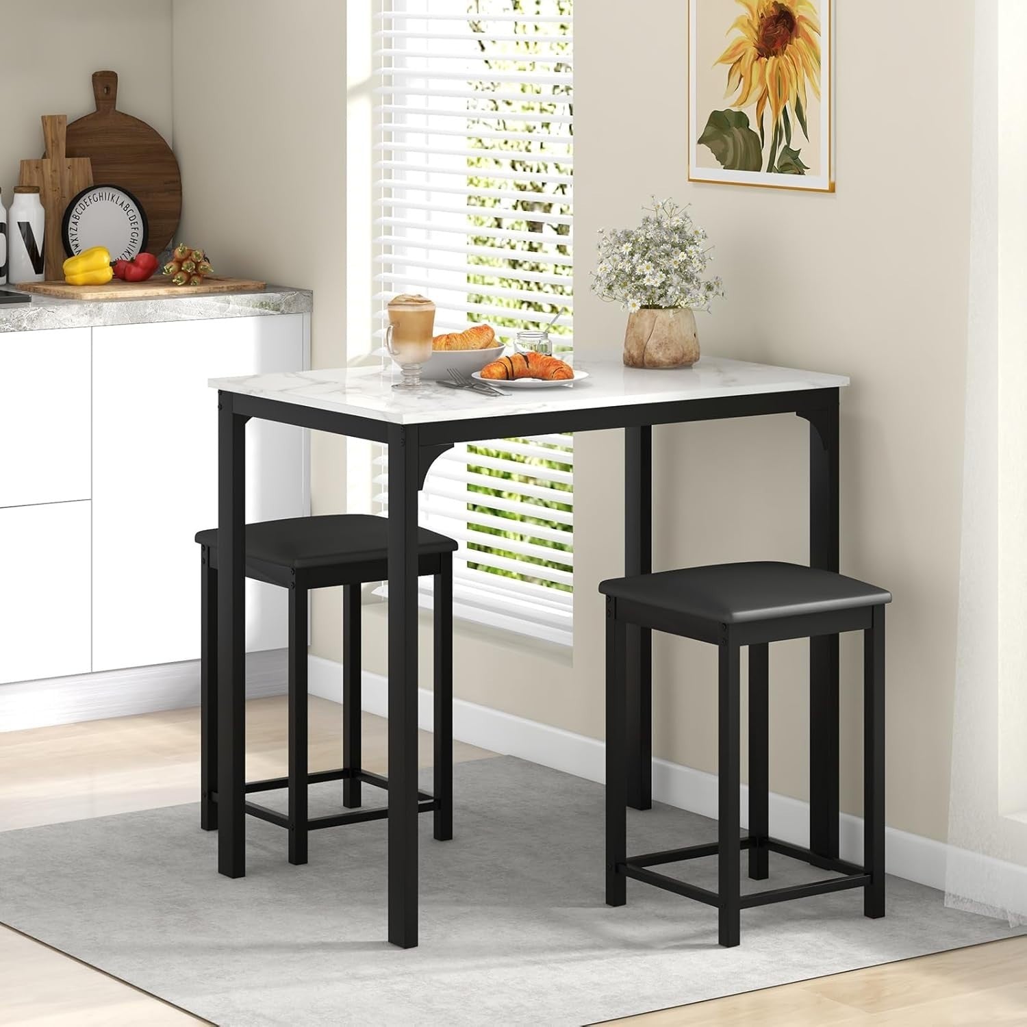 3-Piece Bar Table Set Marble Top & 2 Stools Space-Saving Dining White Furniture