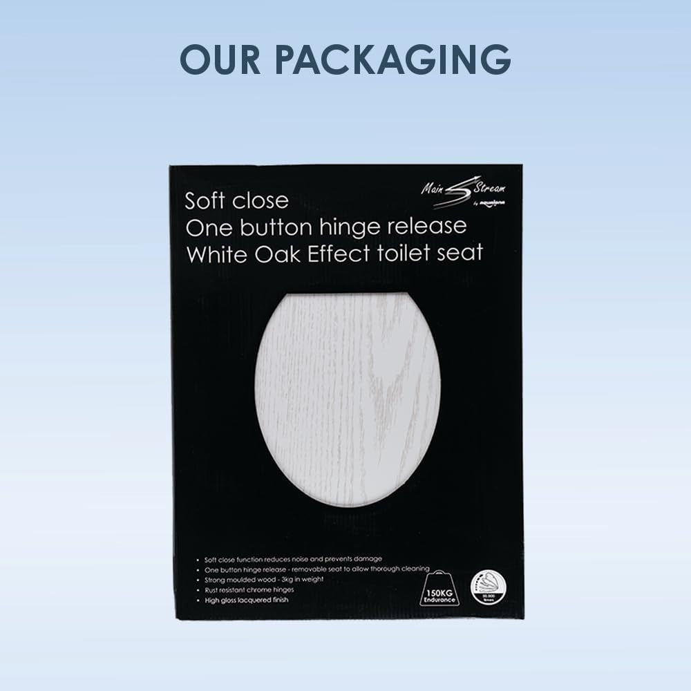 White Oak Effect Toilet Seat Soft Close MDF Quick Release Easy Clean 42x36cm