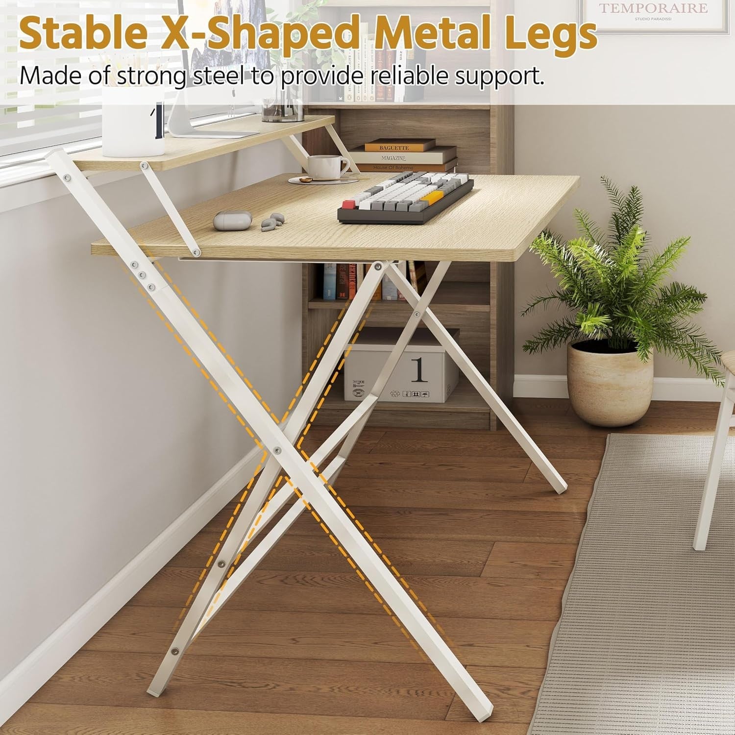 Foldable Computer Desk Large 100cm with Monitor Stand Small Space Wood