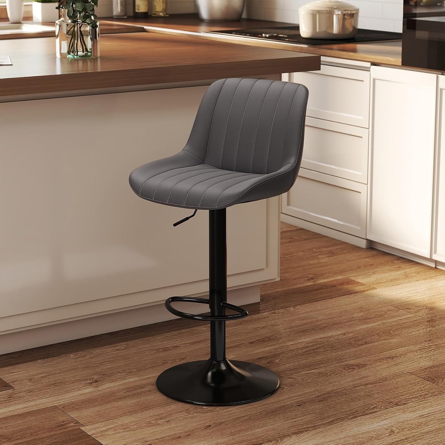 Dark Grey Adjustable Swivel Bar Stool PU Leather Modern Counter Chair