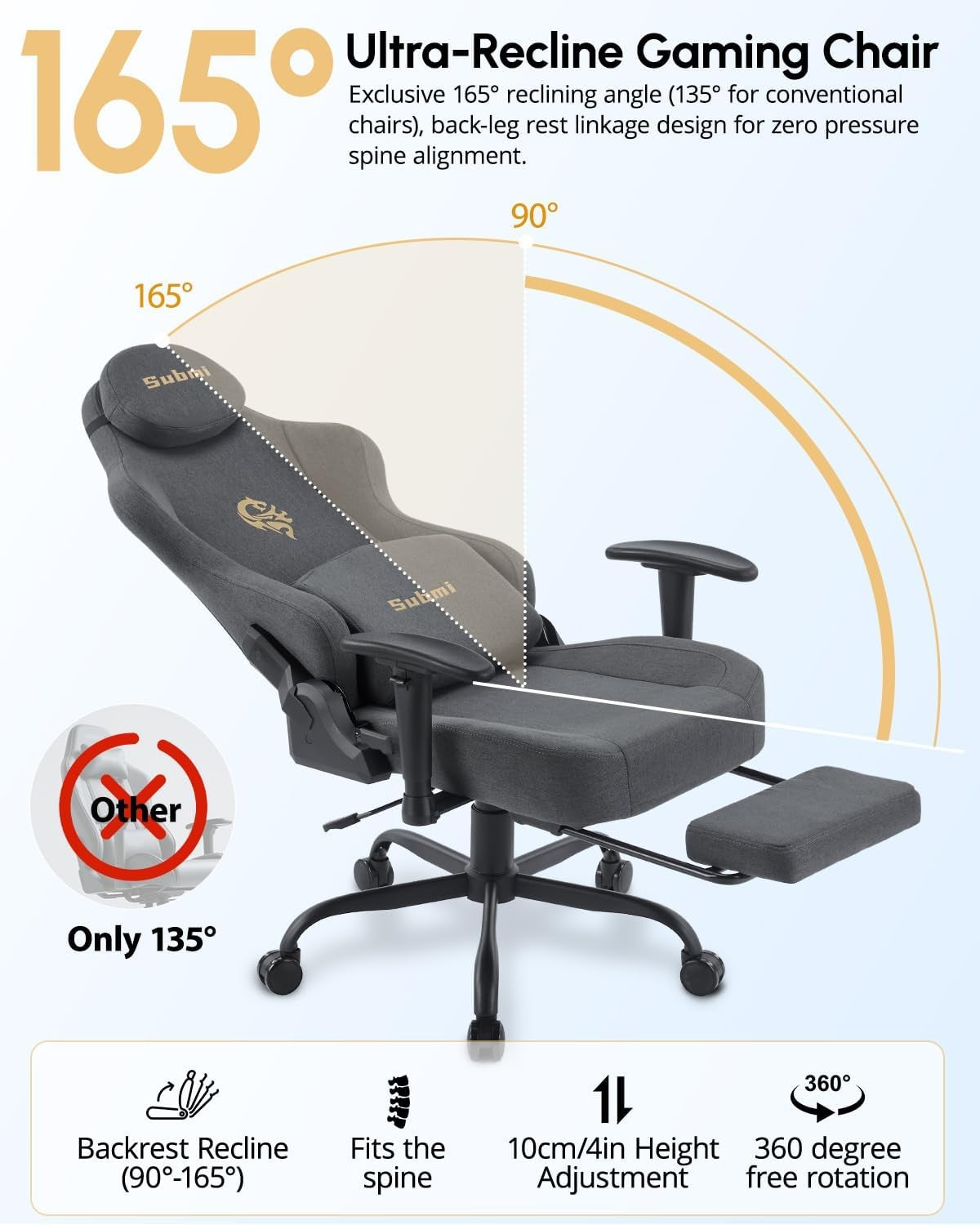 Gaming Chair 165° Recliner w/ Footrest Ergonomic Fabric 350lbs Grey