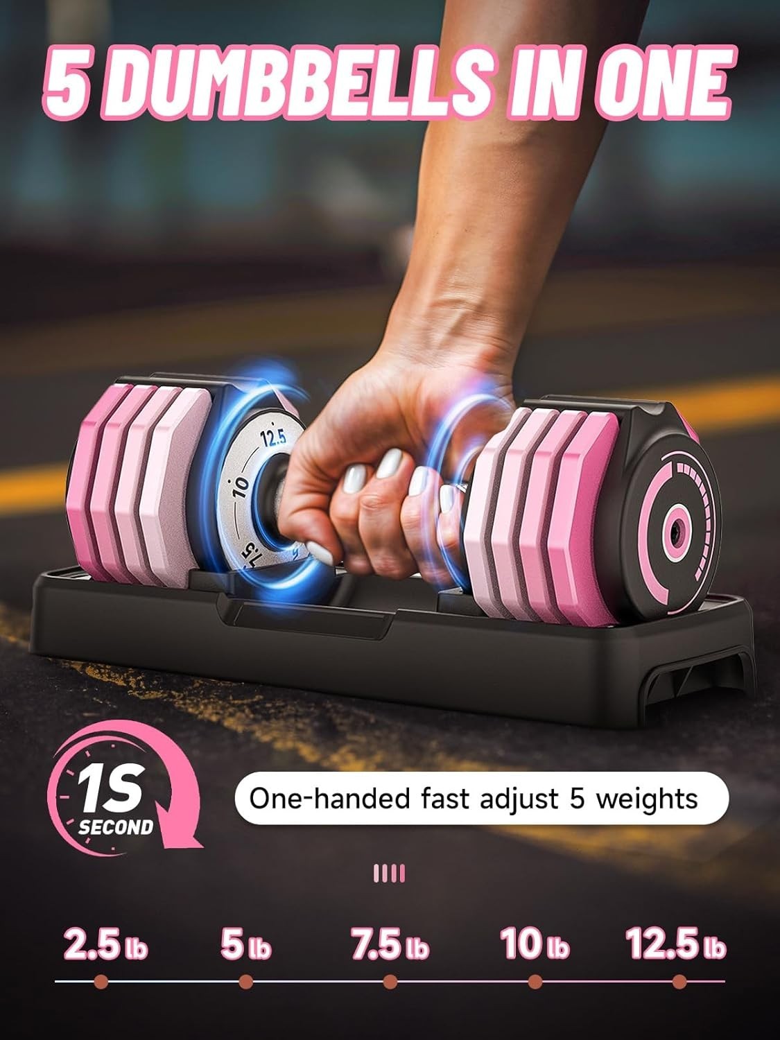 Adjustable Dumbbells Pair 5-in-1 1-Sec Quick Dial Non-Slip Weights with Tray