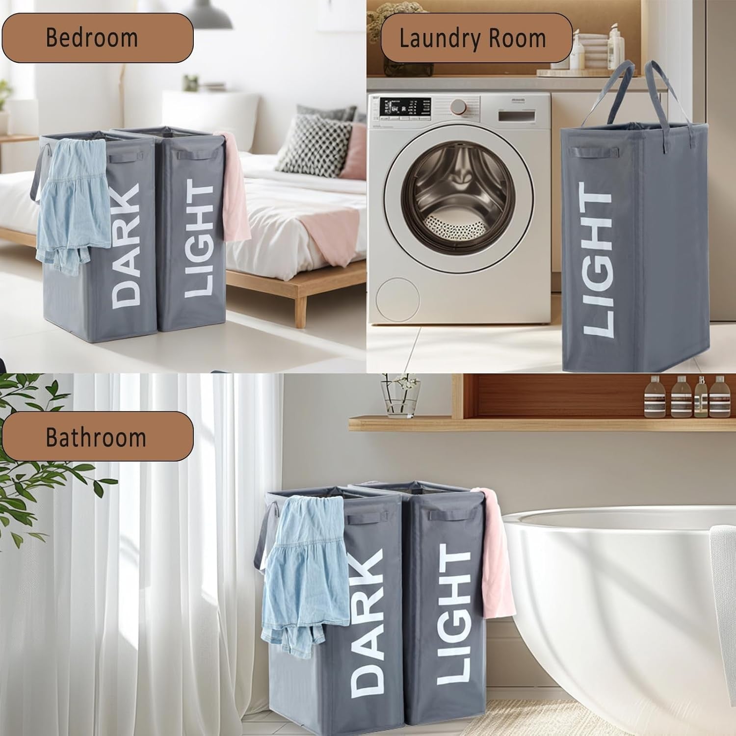 Slim Double Laundry Hamper Grey 63L Tall Basket with Handles & Foldable Design