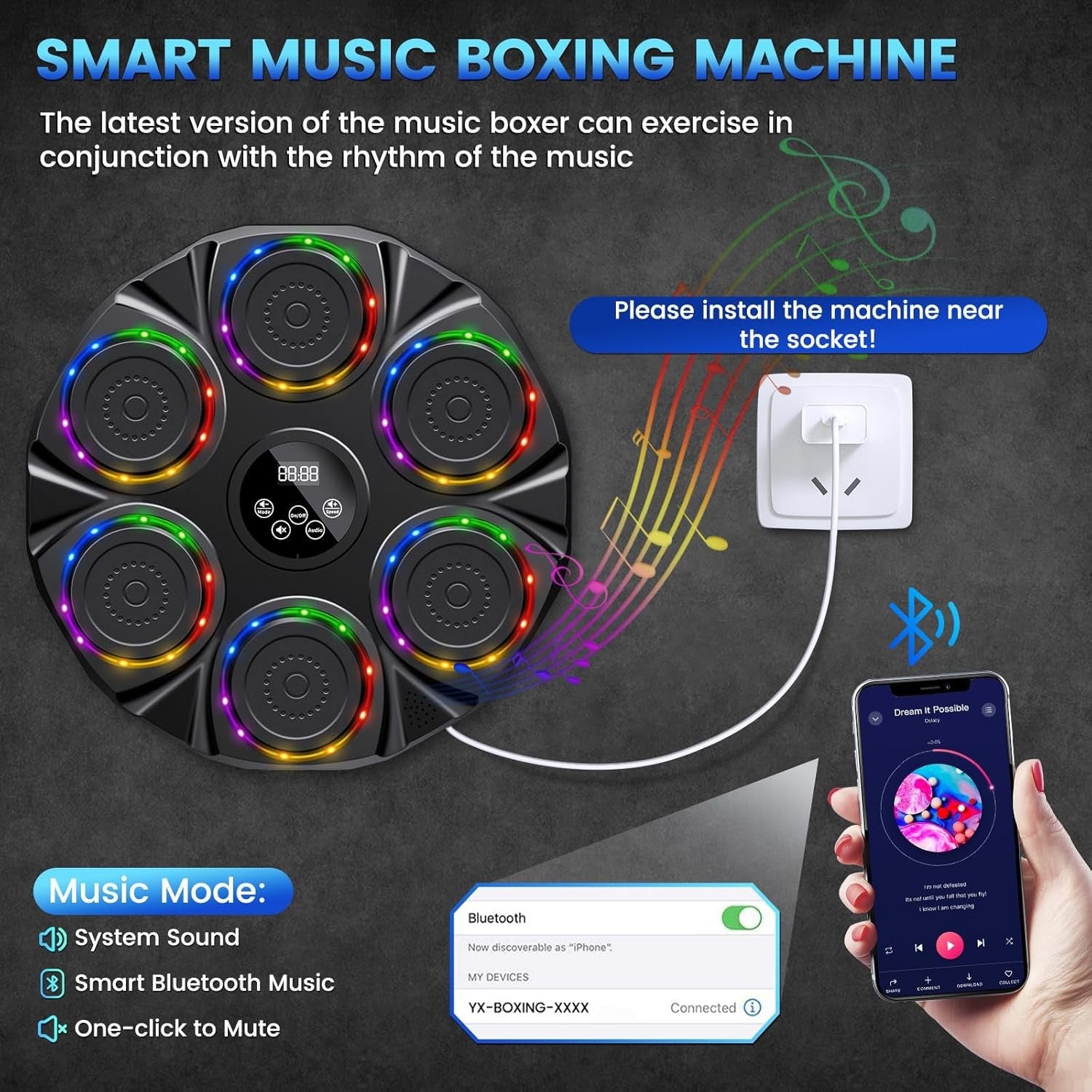 Music Boxing Machine LED Punch Pad Bluetooth Wall Mounted Home Fitness