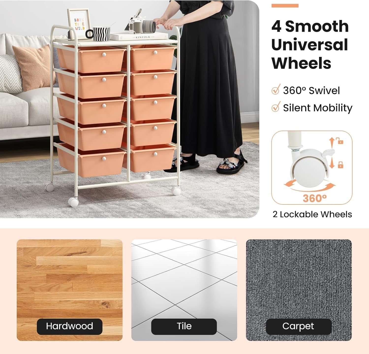 Peach 10 Drawer Rolling Storage Cart Utility Trolley Beauty Organizer