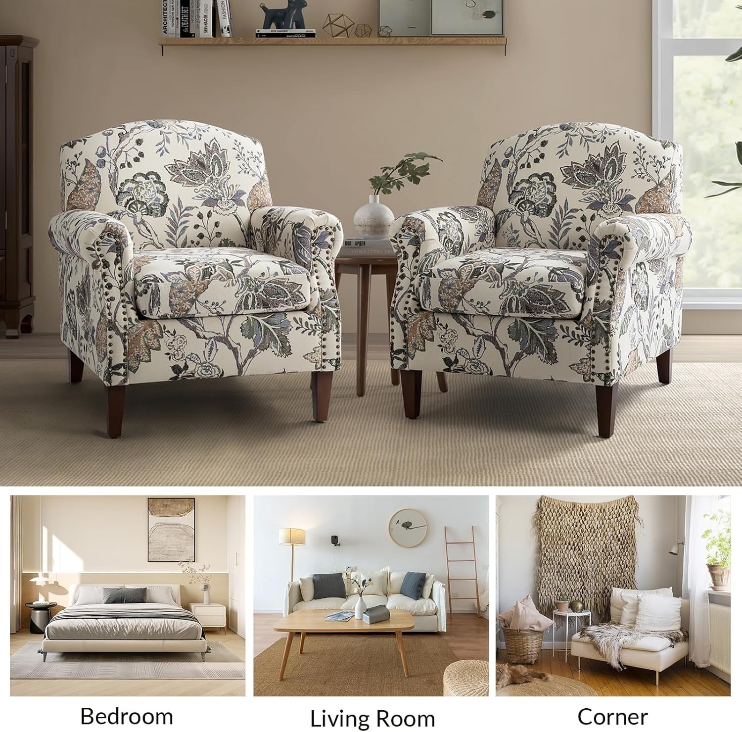 Floral Armchair Grey Accent Chair Sofa Seat for Lounge Bedroom Office