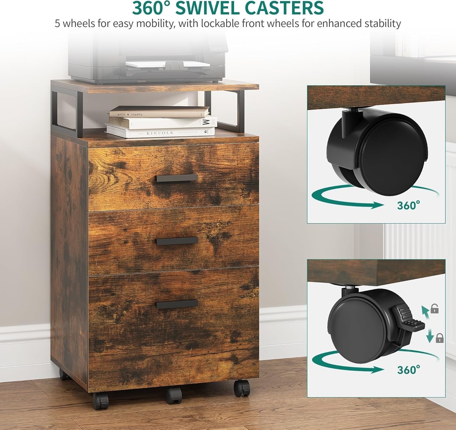Rustic Mobile File Cabinet 3 Drawer Rolling Printer Stand Open Shelf