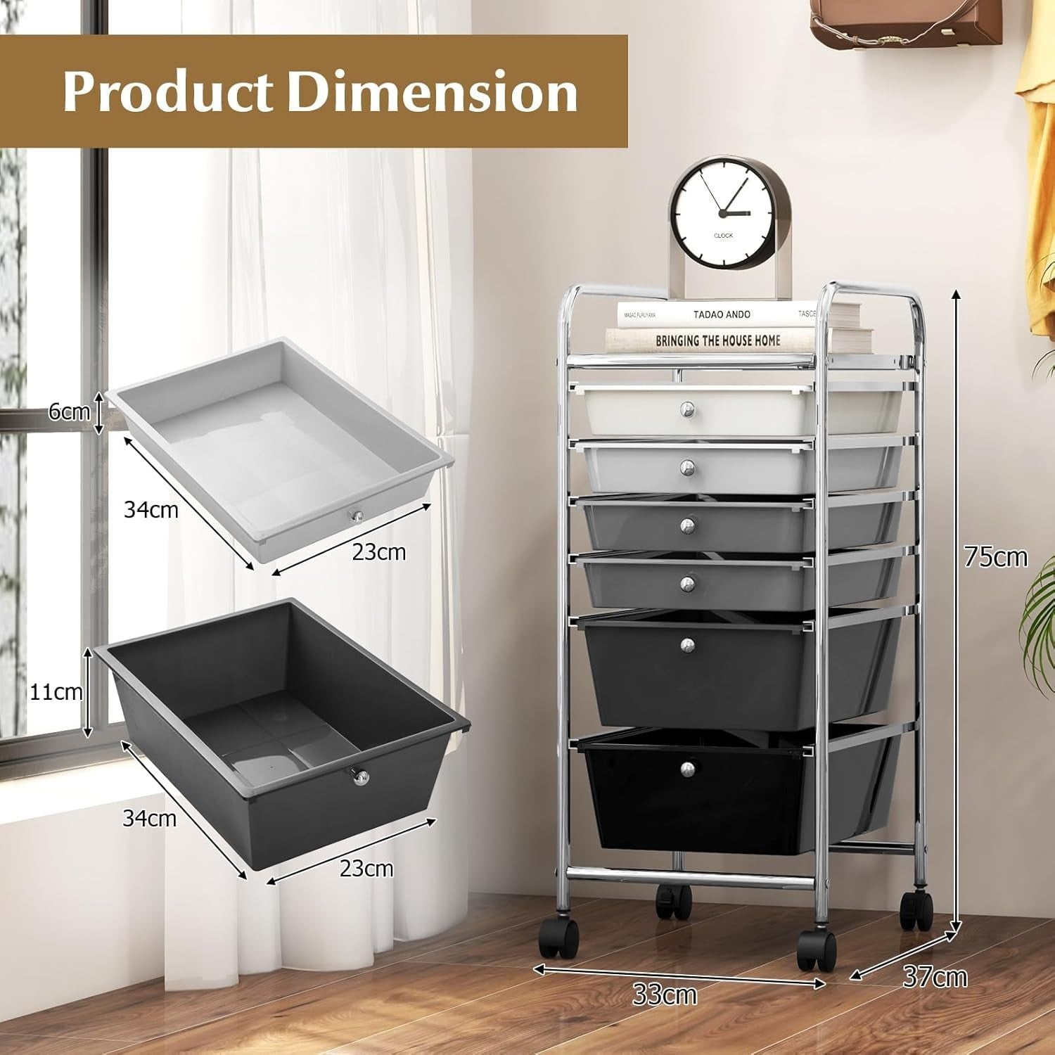 6 Drawer Gradient Black Storage Trolley Rolling Organizer with Wheels