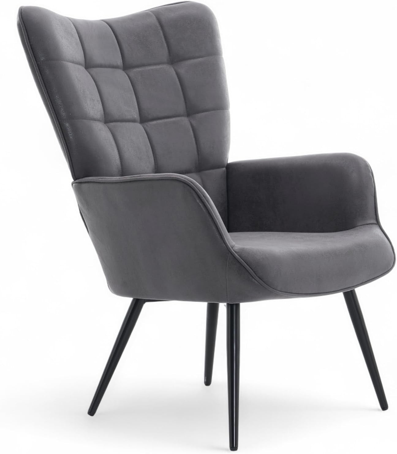 Grey Faux Leather Wingback Accent Chair Tufted Lounge Armchair