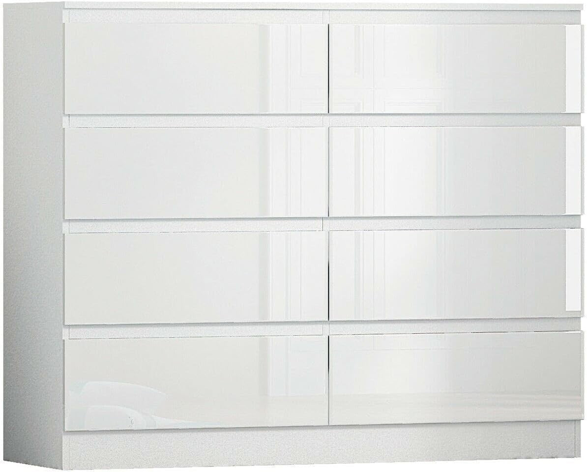 Modern 8 Drawer White Gloss Chest, Minimalist Bedroom Storage Dresser Unit