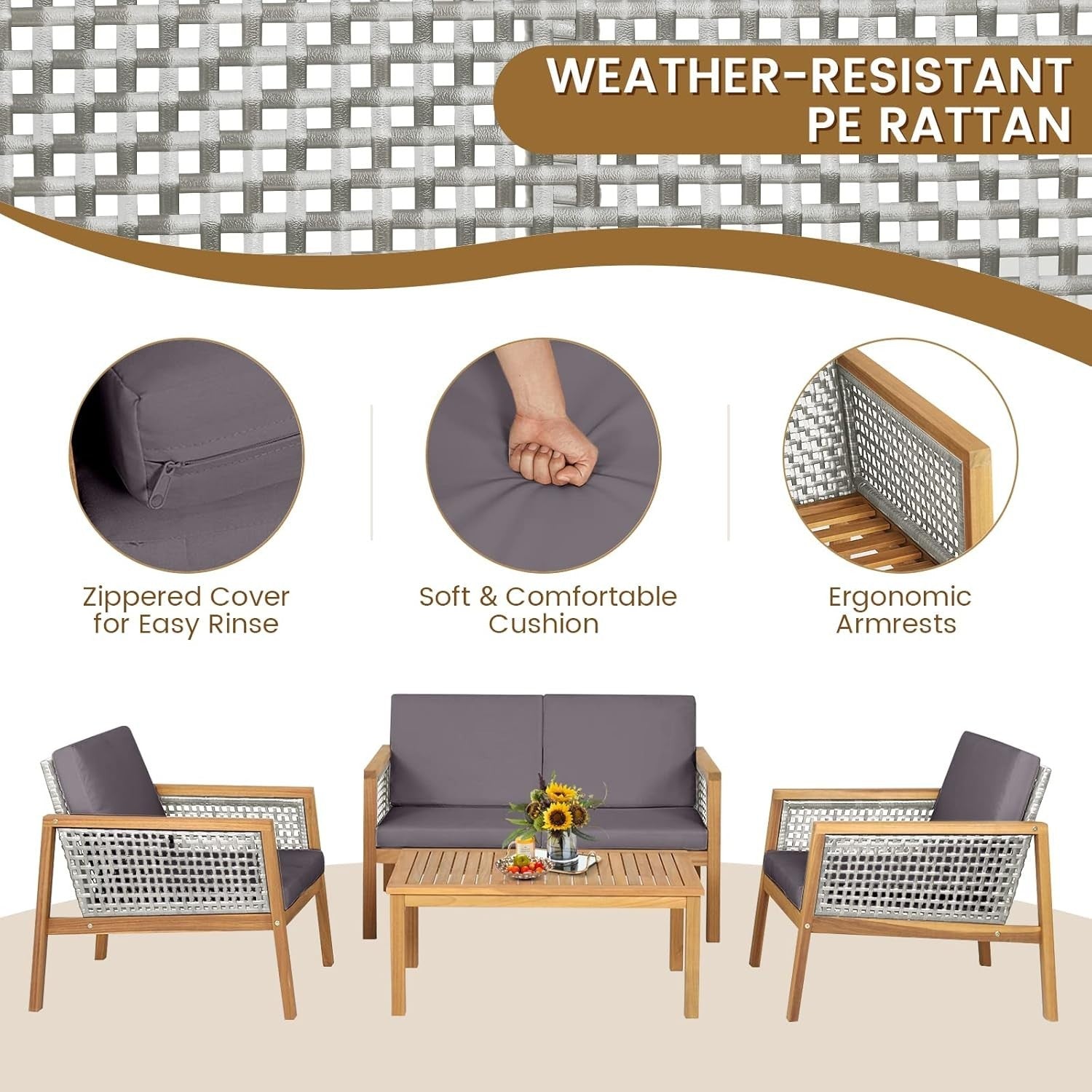 4PC Garden Rattan Sofa Set Outdoor Patio Furniture W/ Coffee Table