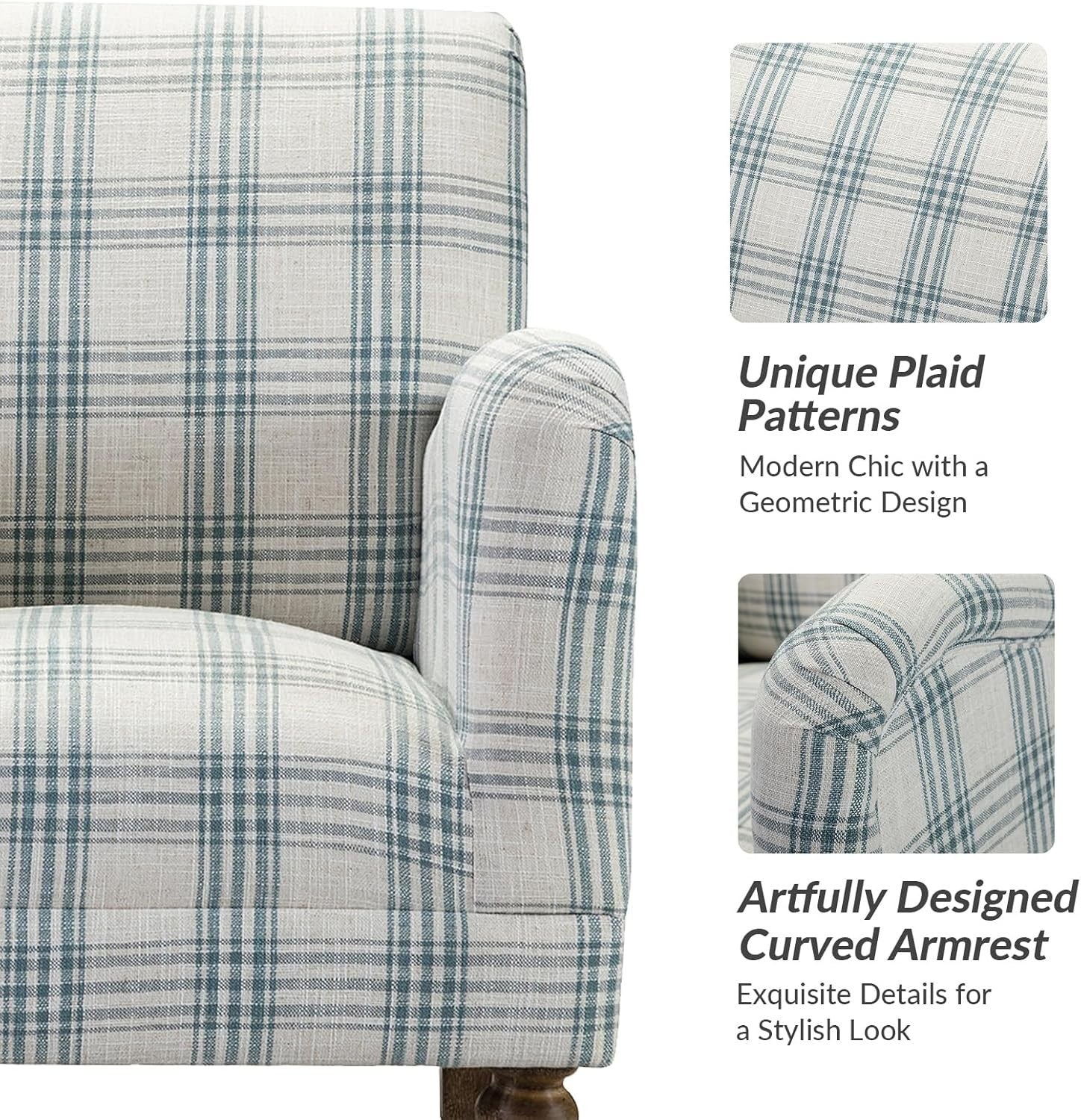 Blue Plaid Accent Chair Comfy Armchair Upholstered Seat Wood Legs Lounge
