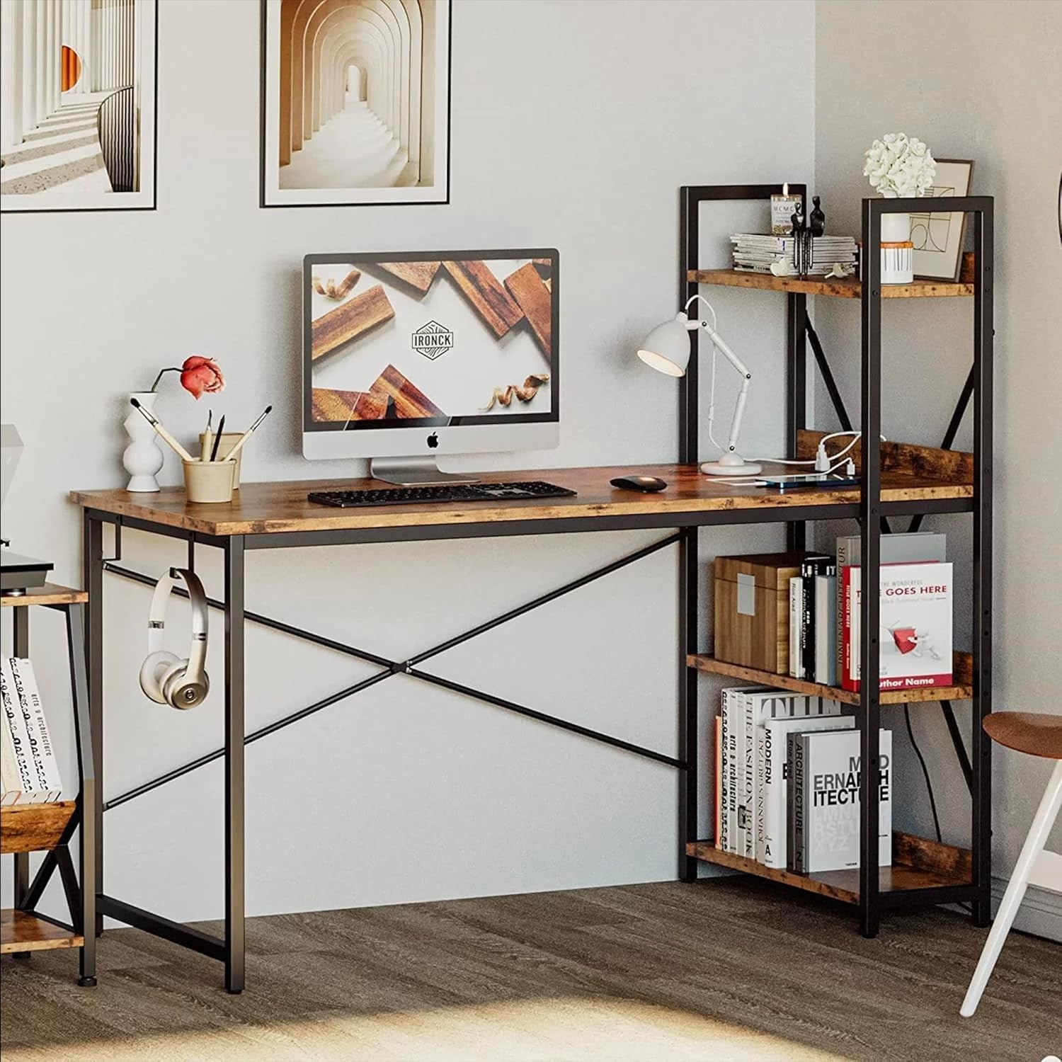 4 Tier Reversible Computer Desk 120cm Rustic Industrial Table w/ USB & Sockets
