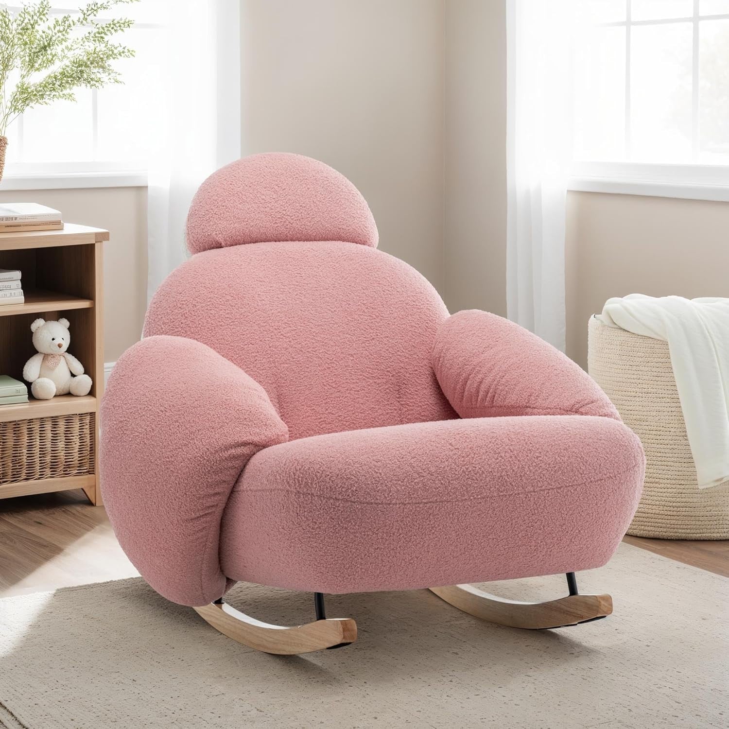 Pink Boucle Rocking Chair with Solid Wood Rockers & Plush Head Support