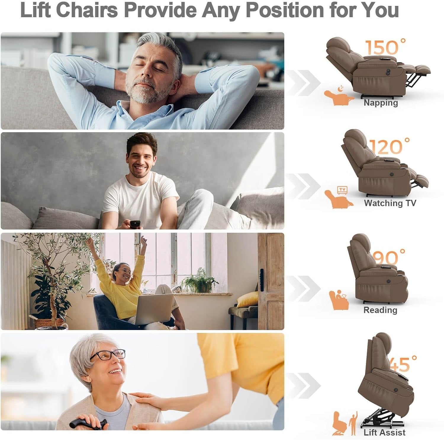 Power Lift Recliner Chair Massage USB Type-C Mocha Fabric Cup Holders Pockets