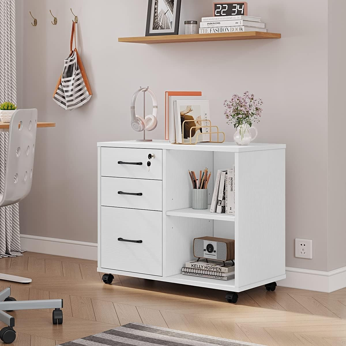White Lateral Mobile Filing Cabinet 3 Drawer Printer Stand Storage