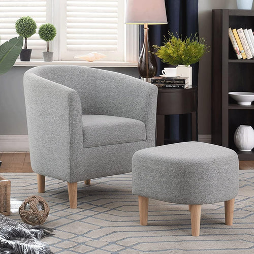 Grey Tub Armchair with Footstool Linen Lounge Chair for Bedroom Sofa