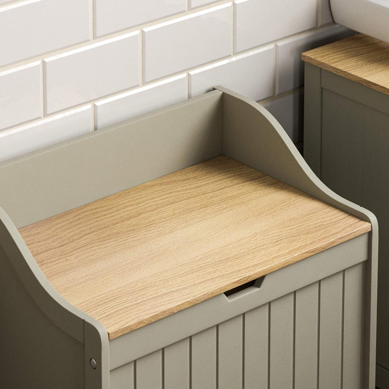 Bathroom Laundry Cabinet Storage Chest with Wooden Basket Grey Oak MDF