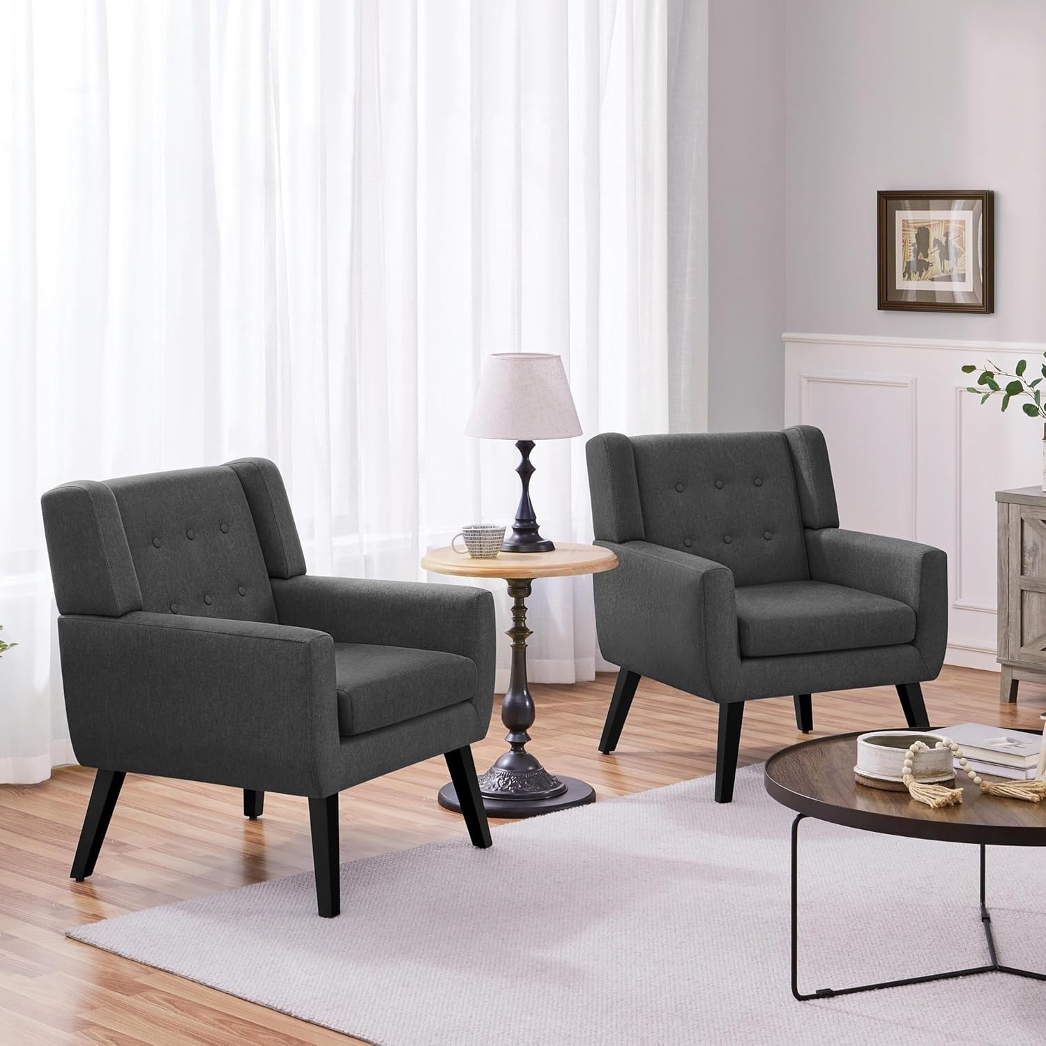 Set of 2 Dark Grey Linen Armchairs | Modern Button Tufted Tub Chairs