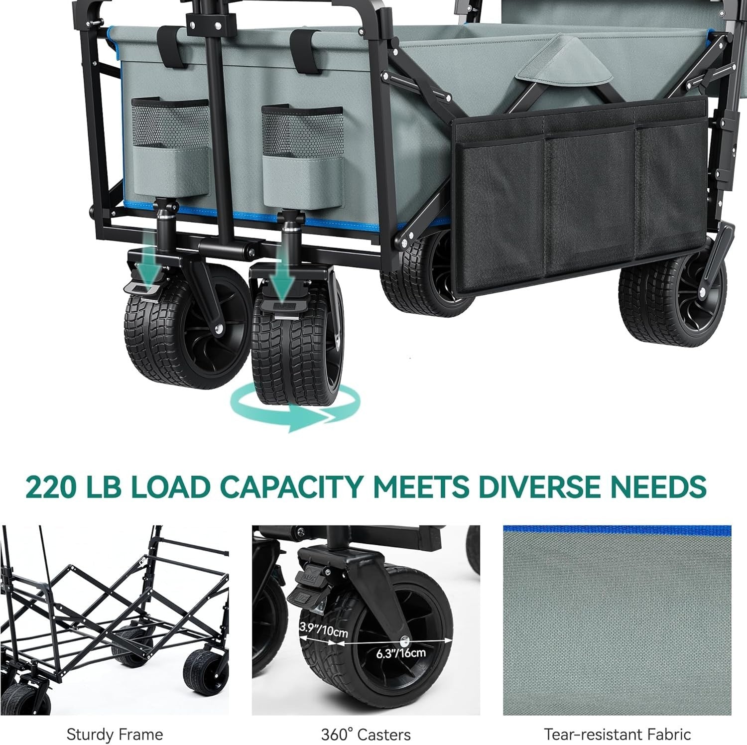 Grey Folding Beach Wagon Cart w/ Canopy Push Pull Large 220lb Capacity