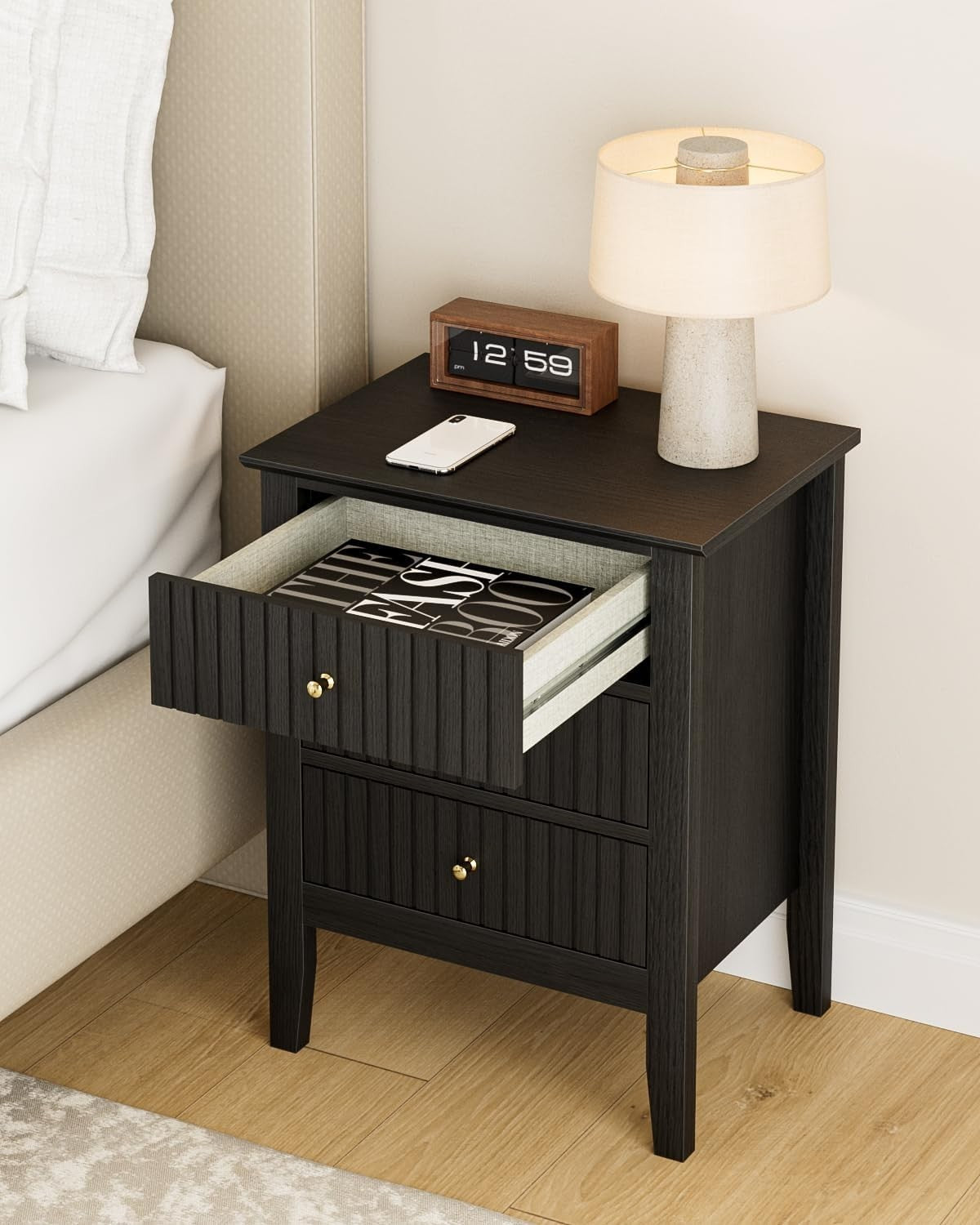 Modern Black Bedside Table with 3 Drawers Wooden Nightstand Bedroom Storage