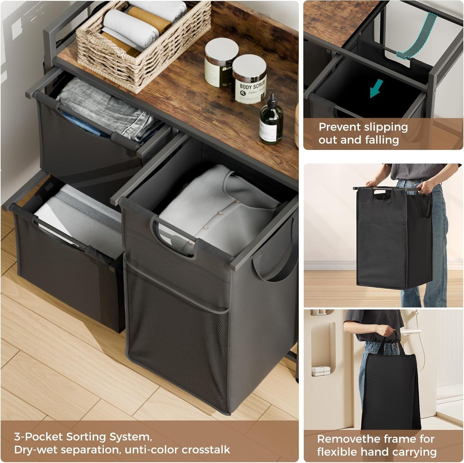 100L 3-Compartment Laundry Hamper with Wheels Rustic Top Removable Bags