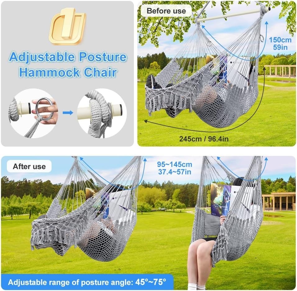 Grey Hammock Chair with Breathable Cotton Mesh – Indoor Outdoor Swing Seat