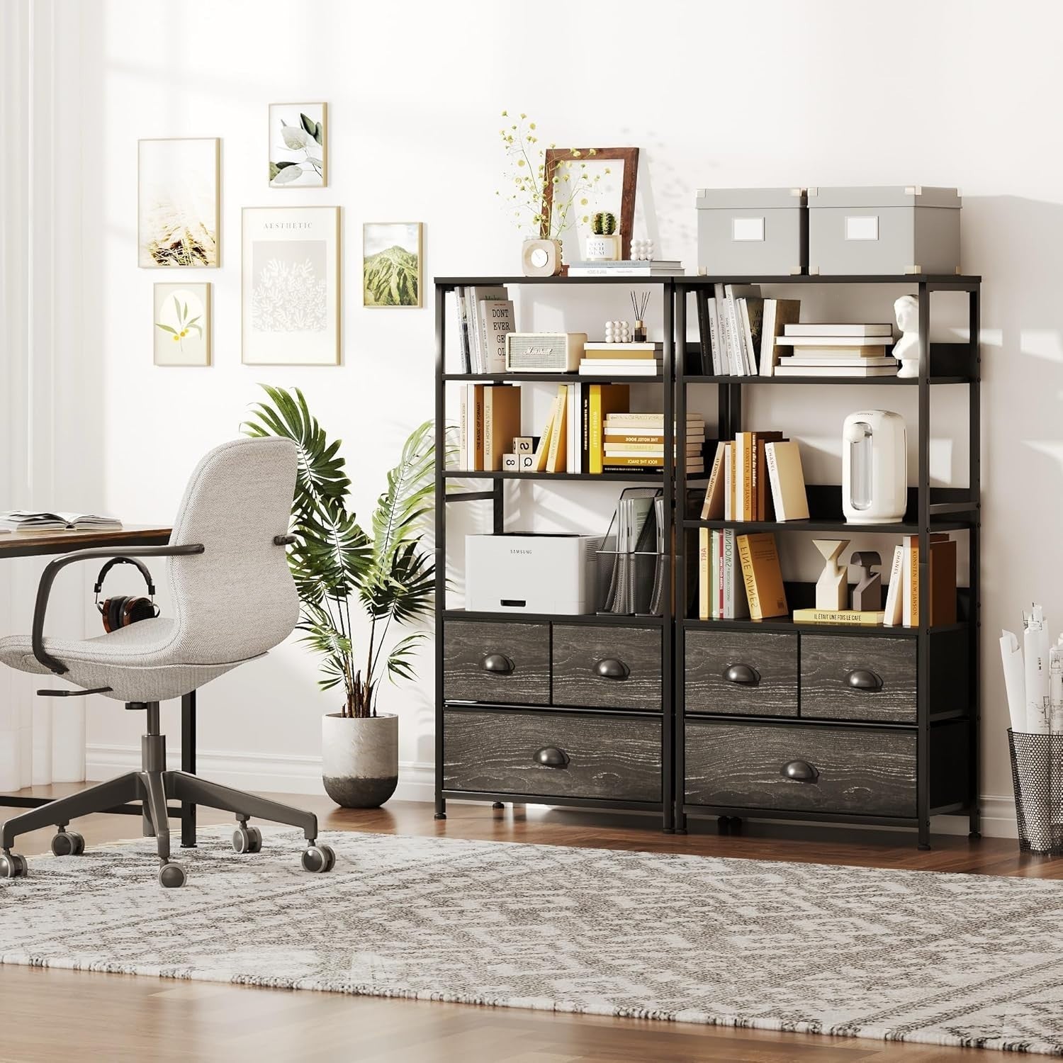 4 Tier Rustic Bookshelf with 3 Drawers Industrial Storage Cabinet Shelves Black