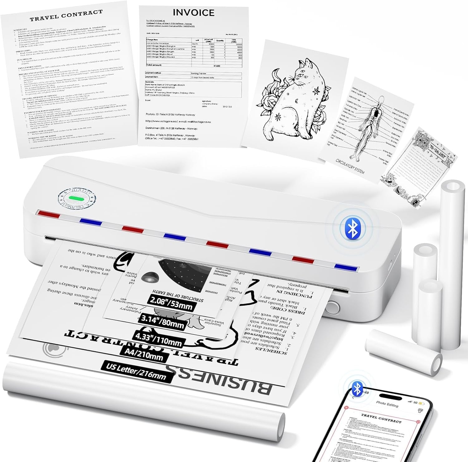 White A4 Portable Thermal Printer 300DPI Wireless Bluetooth