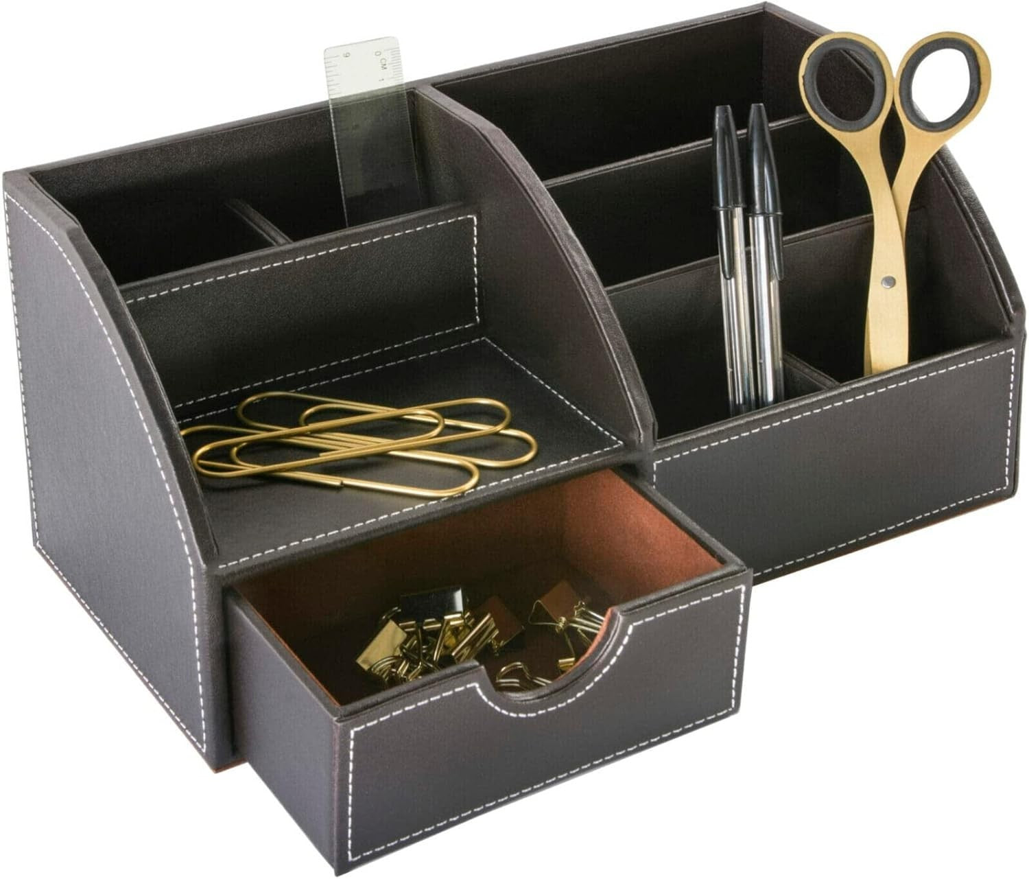 Faux Leather Desk Organiser 8-Compartment Drawer Pen and Stationery Caddy