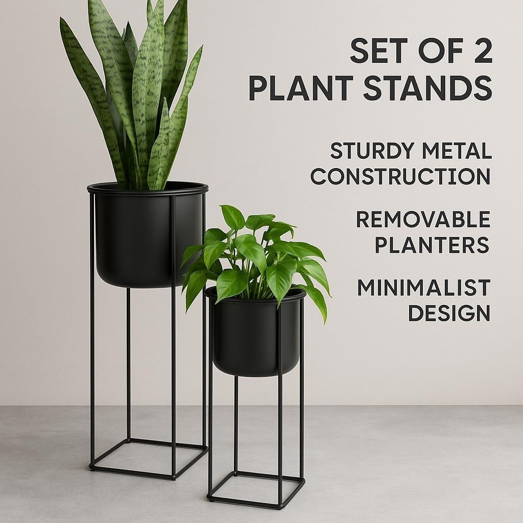 2x Black Metal Plant Pot Stands Set – Tall & Short Indoor Outdoor Planters