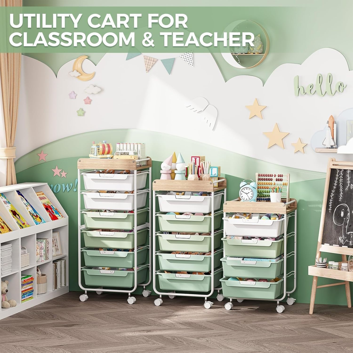 Green 4 Drawer Rolling Storage Trolley Craft Office Organizer Cart