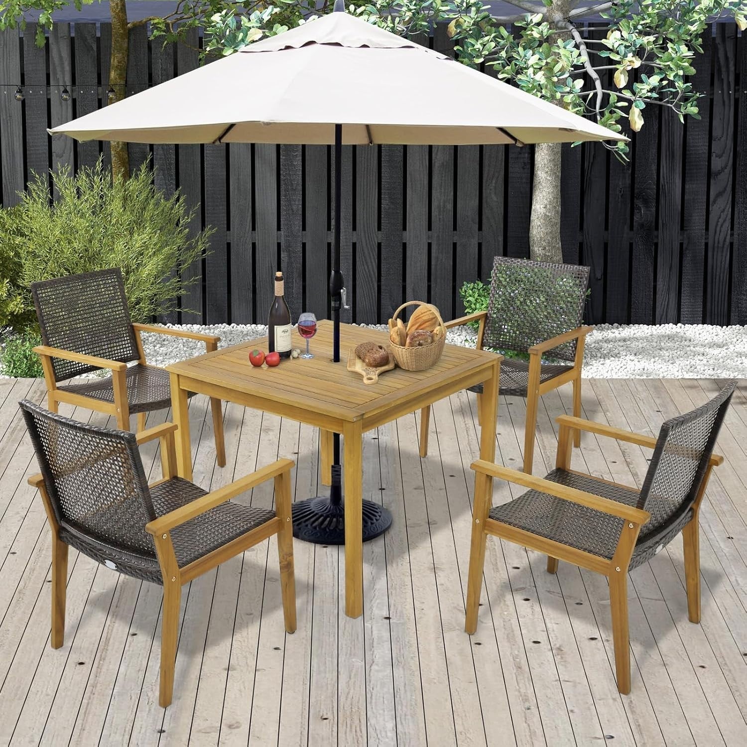 4x Garden Dining Chairs Acacia Wood Rattan Armchairs Outdoor Patio Set