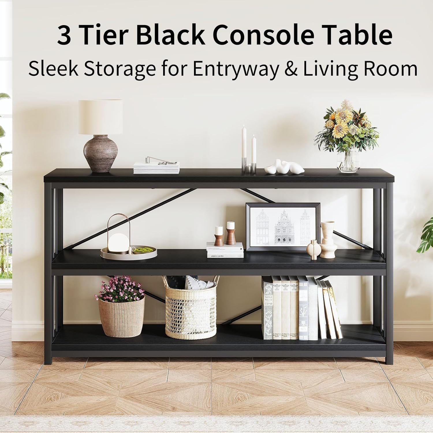 Modern Black Console Table with 3-Tier Storage, Industrial Metal Frame, 140cm