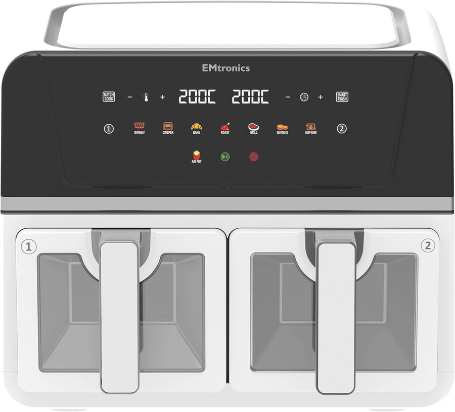 Dual Zone 9L Air Fryer 2400W Family Size | Viewing Windows | Smart Finish White