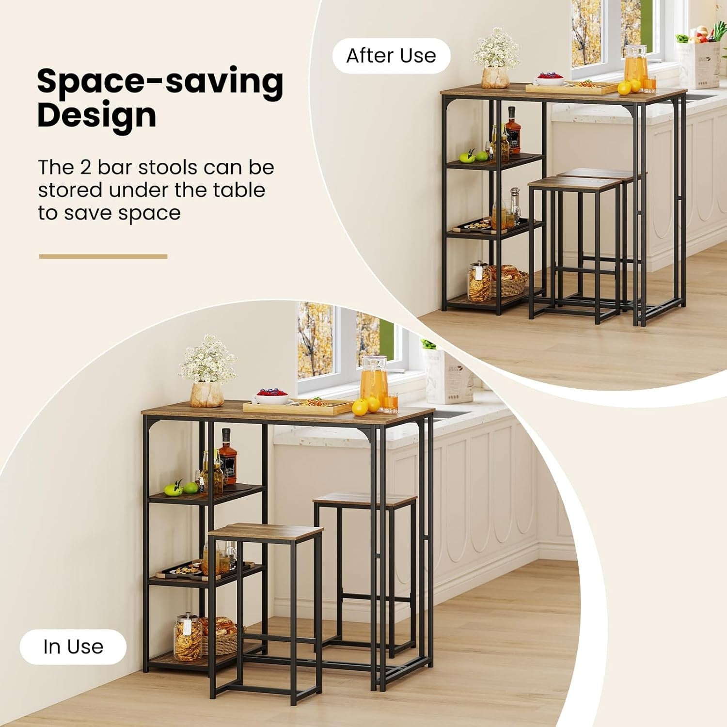 3-Piece Bar Table Set Shelves, Space-Saving Breakfast Dining Set – Coffee Black