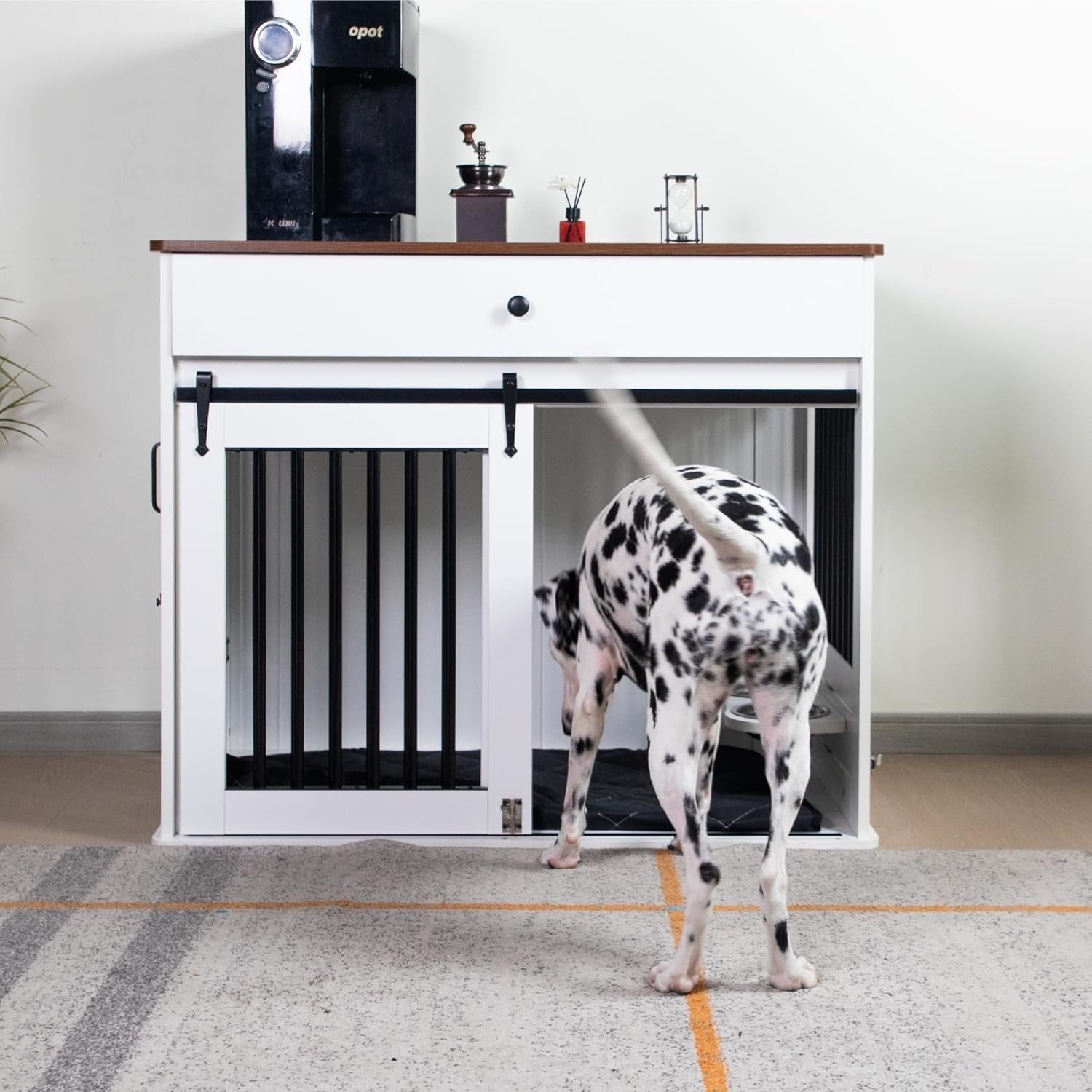 Large Indoor Wooden Dog Crate with Sliding Doors, Drawer & Rotatable Bowls