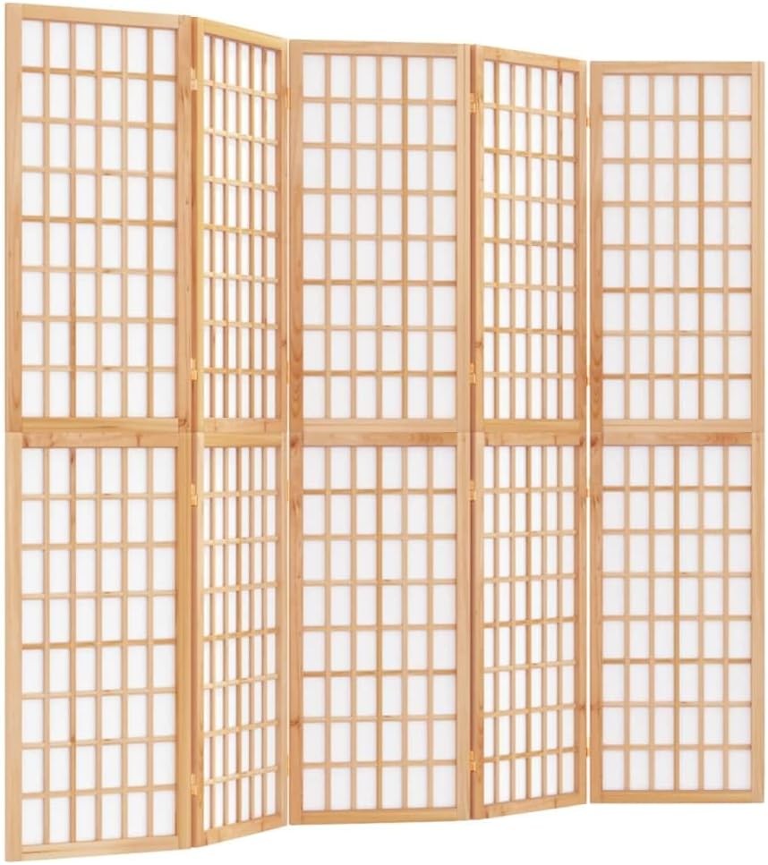5 Panel Natural Wood Shoji Room Divider 200x170 cm Folding Privacy Screen